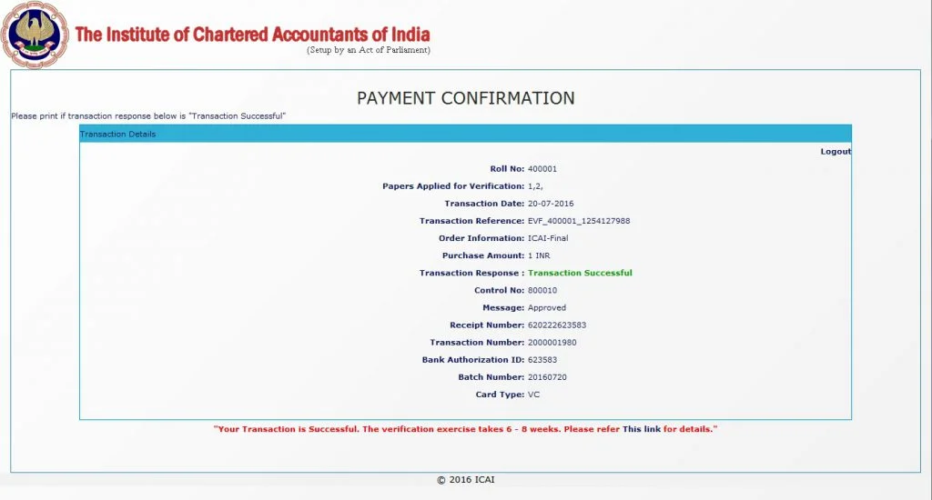 Payment confirmation for the Verification of Marks 