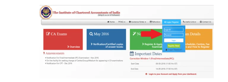 ICAI page where the CA Final admit card can be downloaded