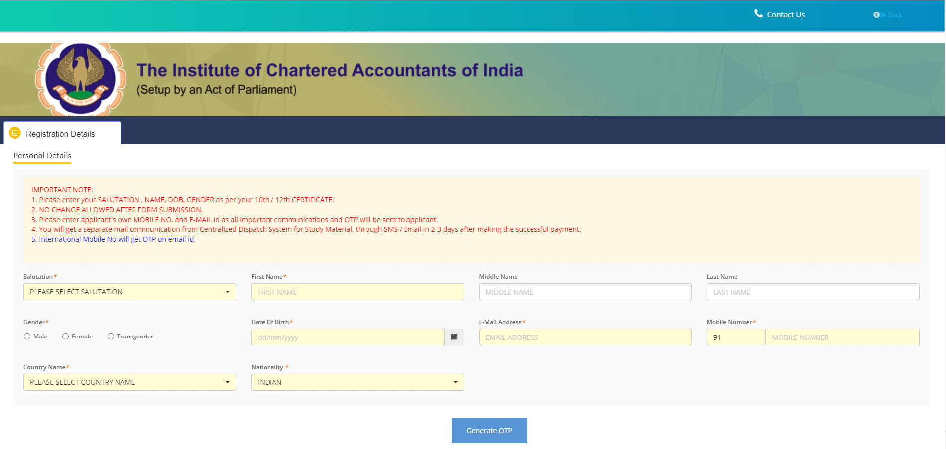 Fill the details and generate OTP