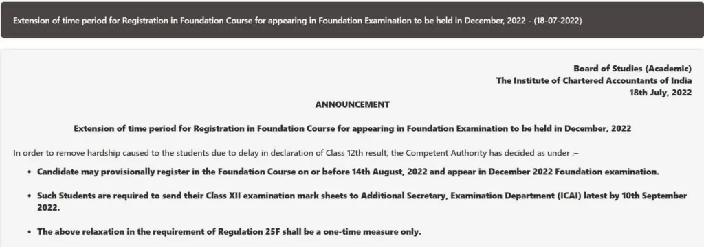 Notification for CA Foundation Registration Dates for 2023 Exams