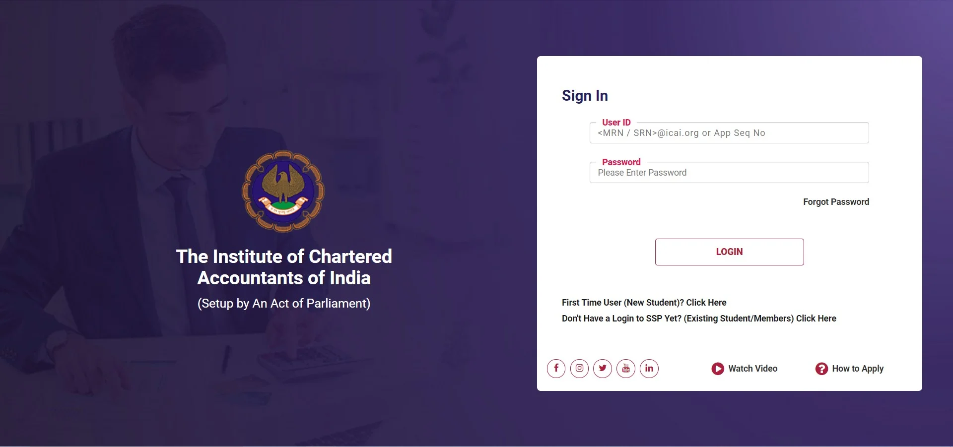 CA Intermediate Registration Login Page