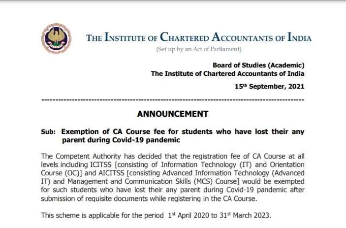 ICAI Announcement regarding CA Intermediate course fee
