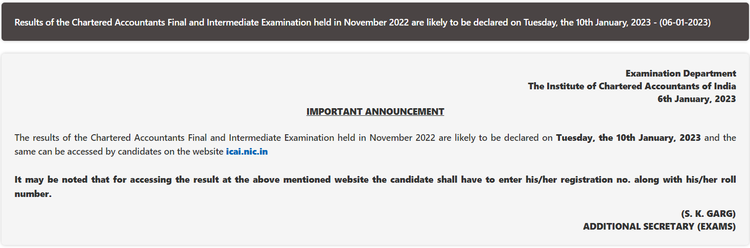 ICAI official notification regarding CA Final and Intermediate May 2023 Result Date