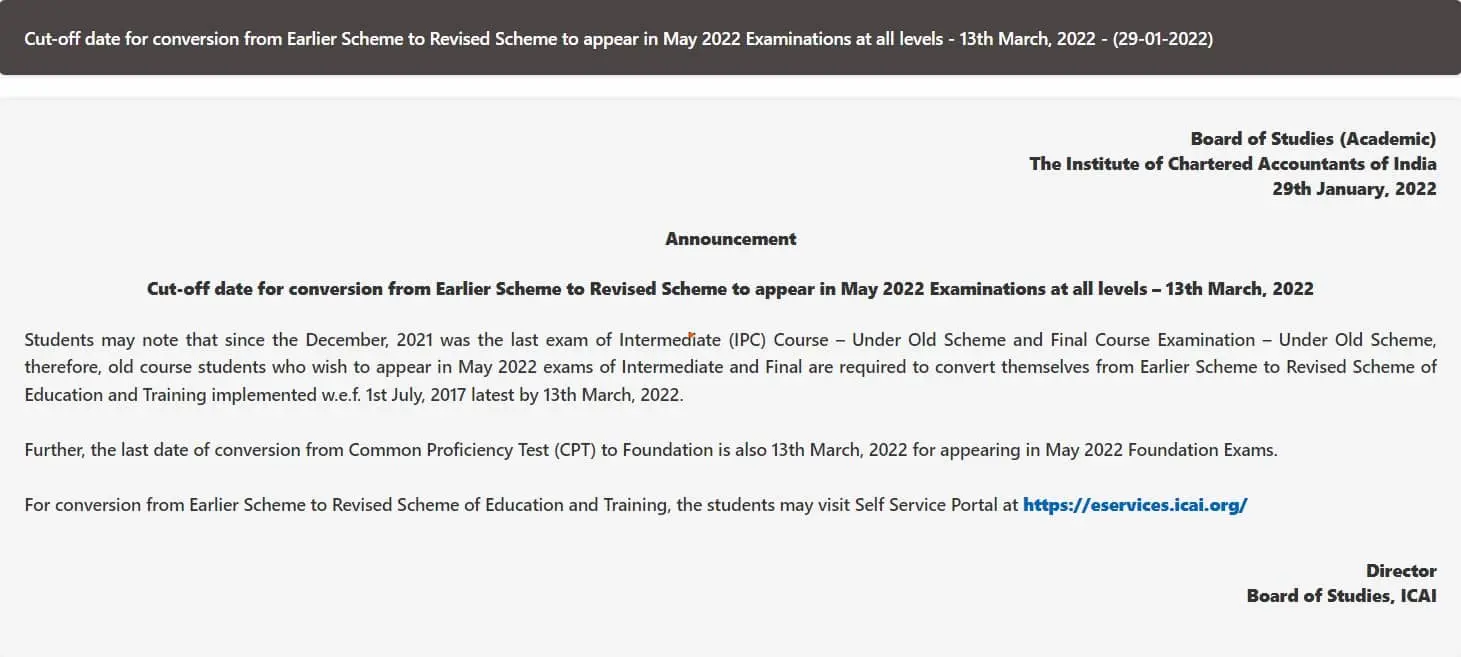 ICAI announcement about Conversion from Old to New Syllabus