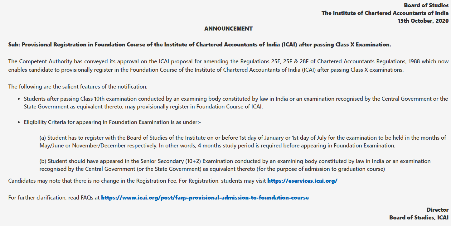 ICAI official announcement for provisional registration for class 10 students