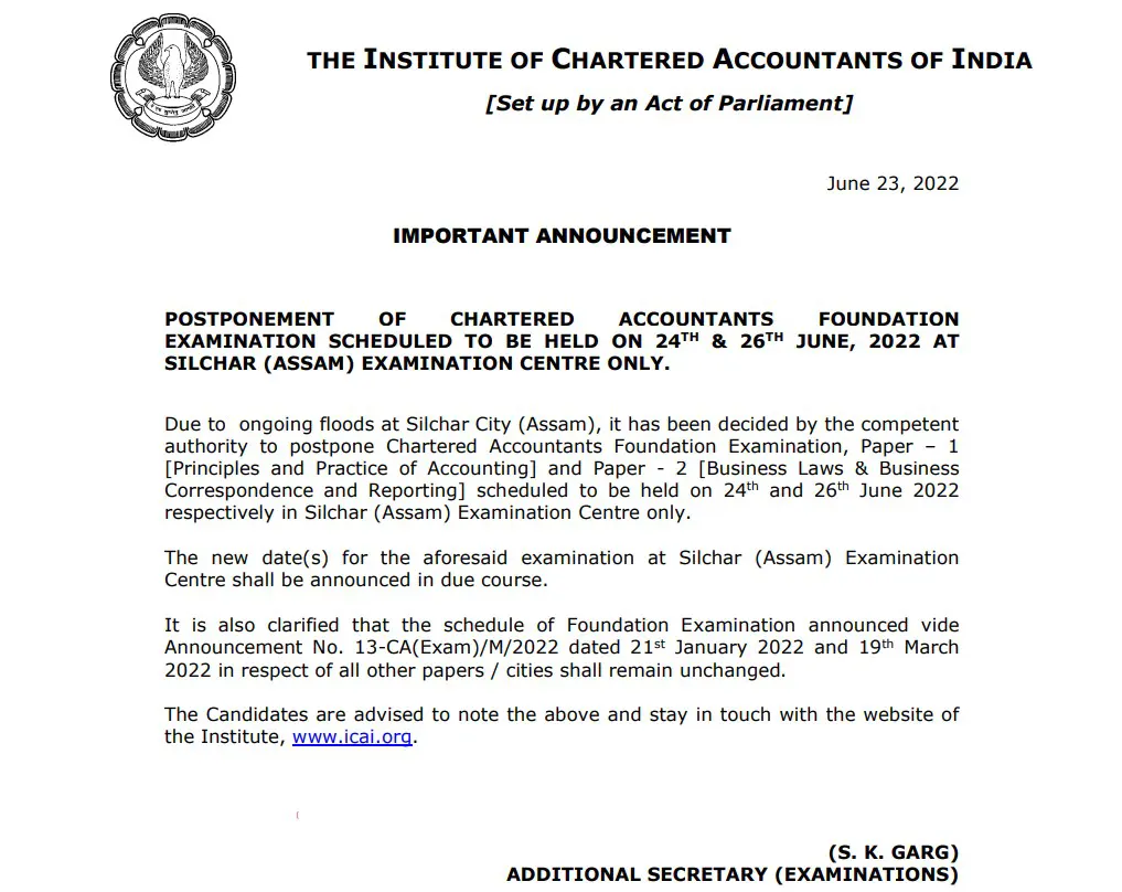 ICAI postpones the CA Foundation June 2022 exams in Assam