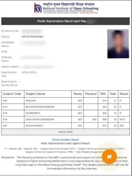 Details Mentioned on NIOS 12th Result Marksheet