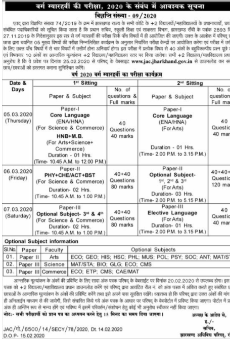 JAC board class 11th time table 2022