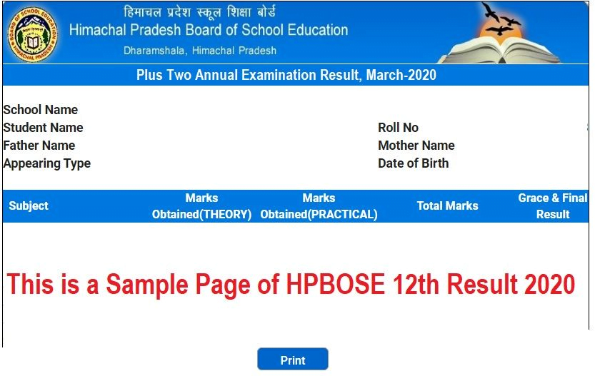 Sample Page of the HPBOSE 12th Result 2022