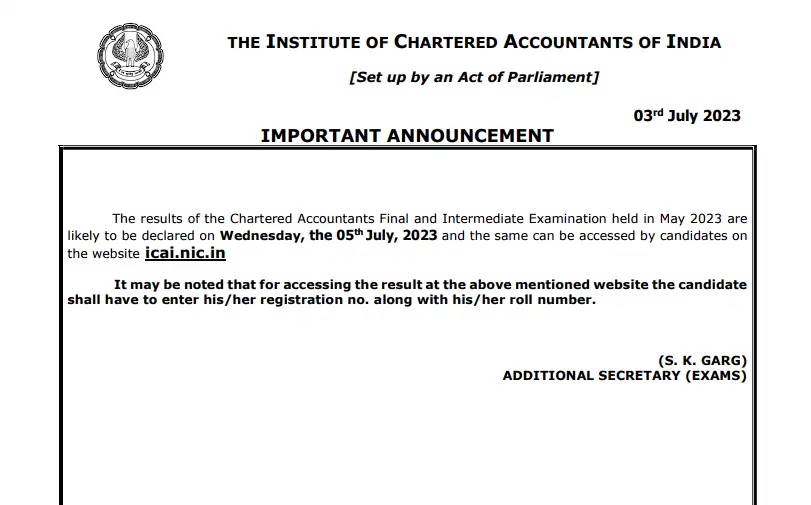 ICAI official notification for CA Final Result Date May 2023

