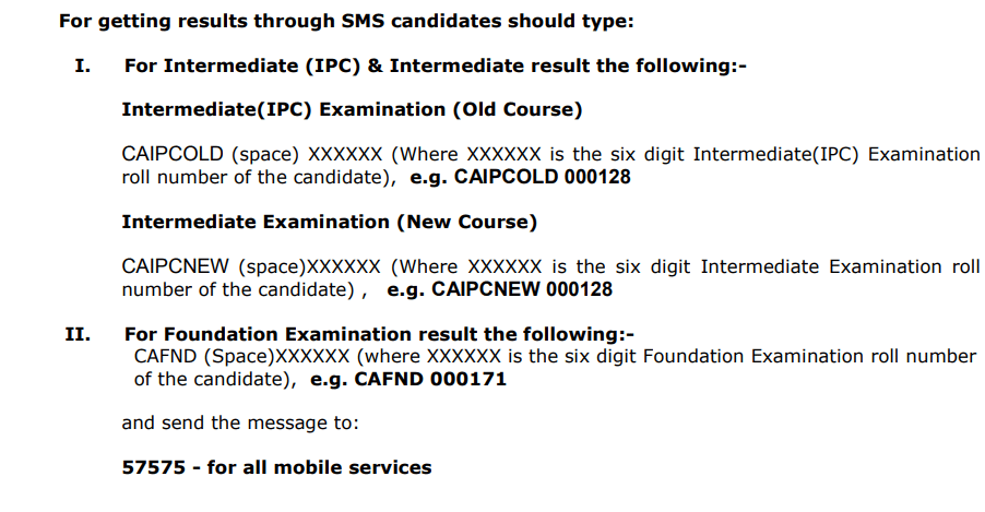 CA Foundation result through SMS 