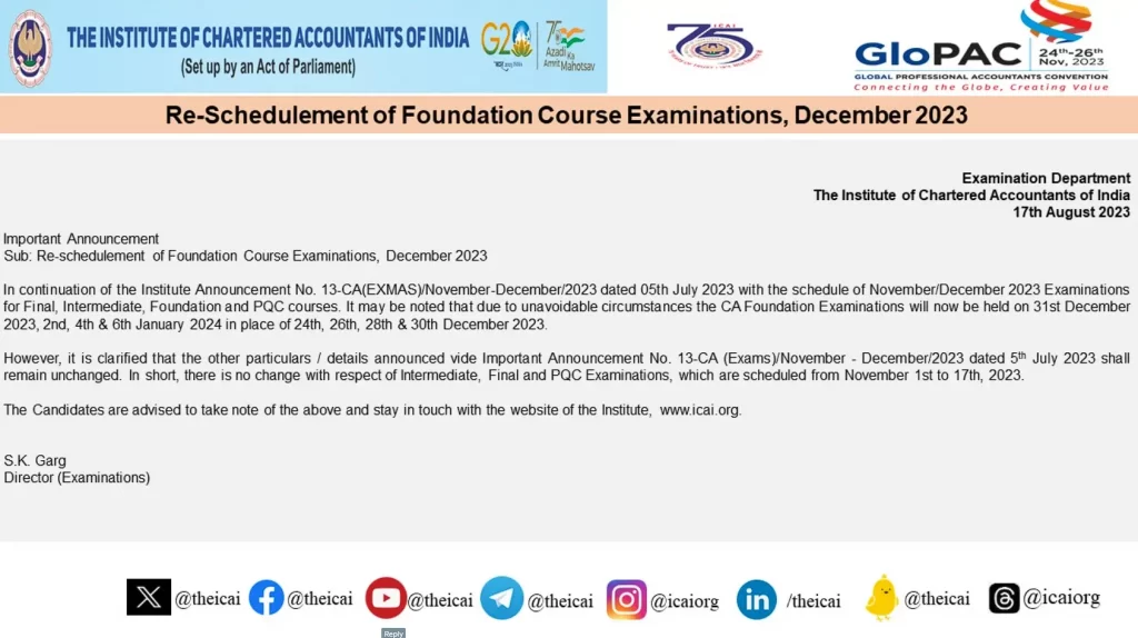 Re-schedulement of Foundation Course Examination, Dec 2023