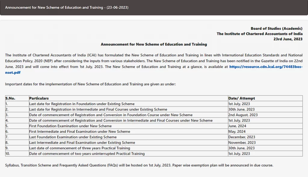 CA New Scheme of Education and Training 2023