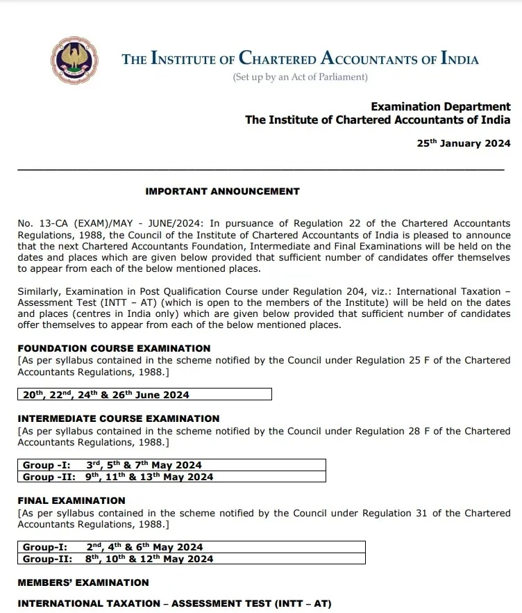 CA Exam Dates For May/June Exams