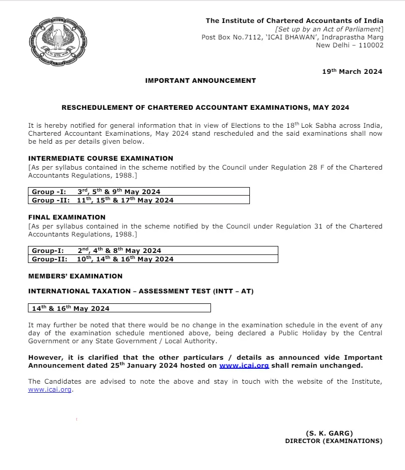 ICAI Official Notification of Exam Dates May 2024 