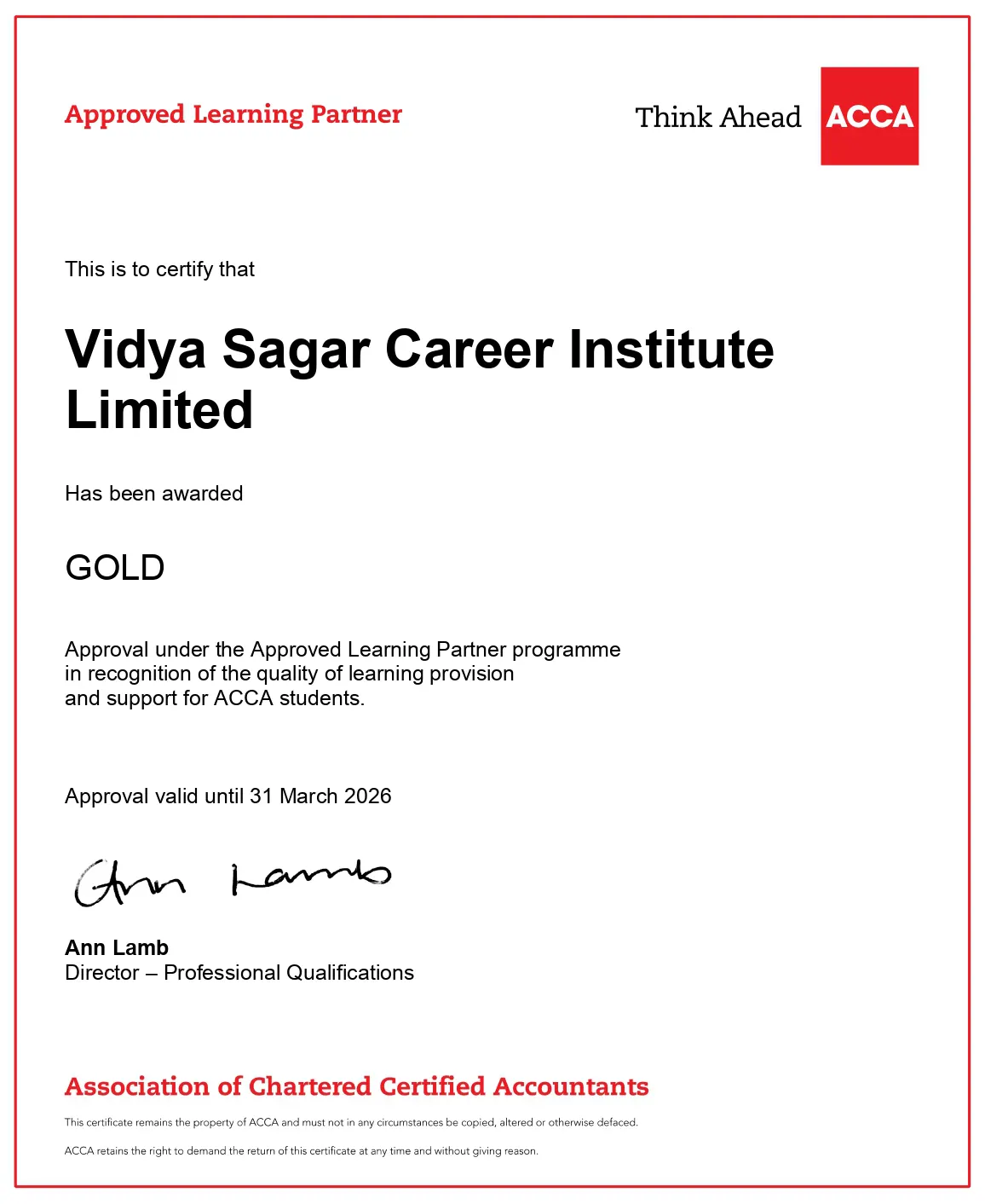 VSI -ACCA Gold Approved Learing Partner Certificate