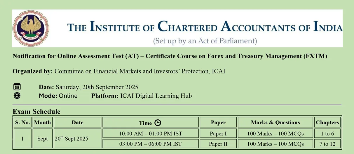 ICAI's Certificate Course on Forex and Treasury Management Notification