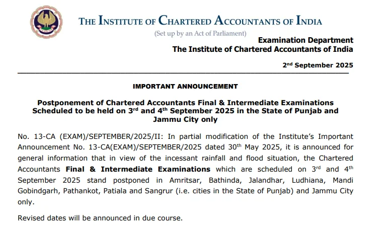 CA Exam Postpone September 2025 Notice