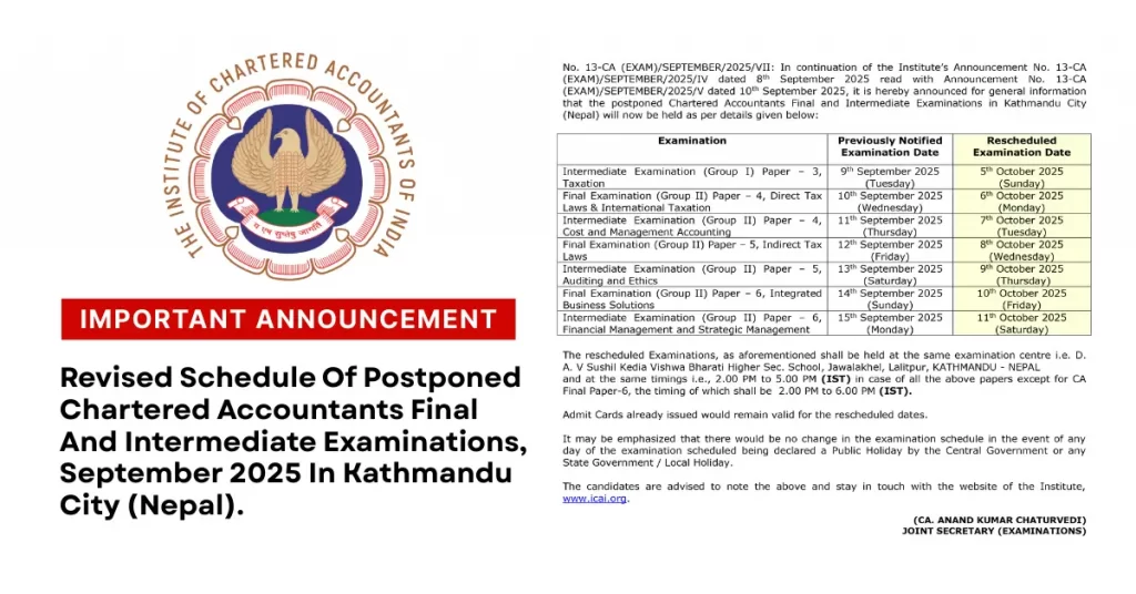 ICAI Announces CA Exam Revised Schedule 2025 for Kathmandu (Nepal)
