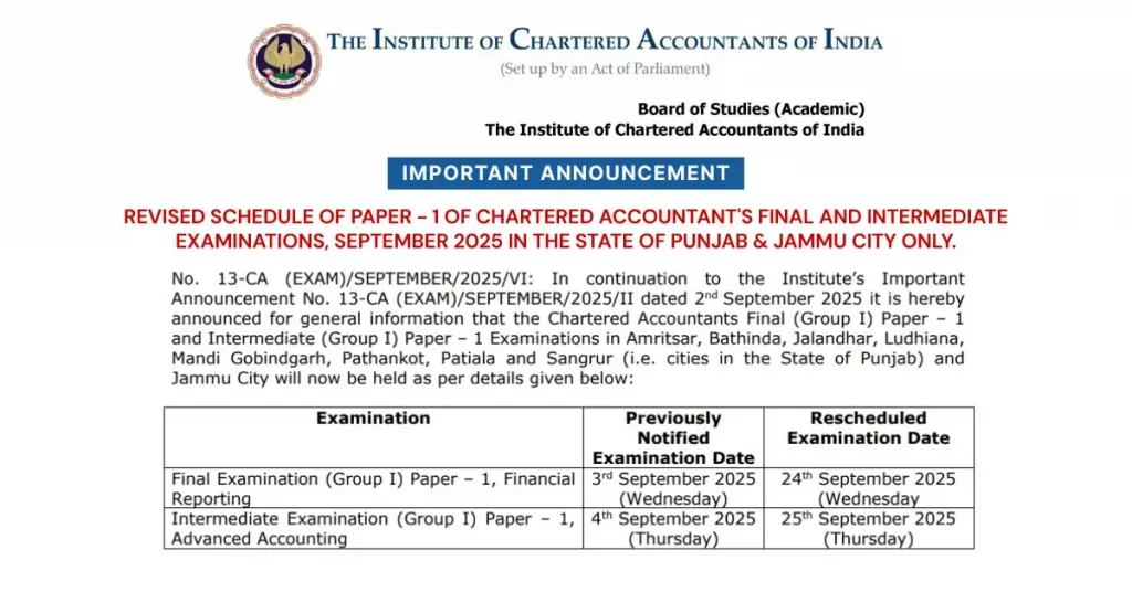 CA Exam Revised Schedule Sept 2025 for Punjab & Jammu