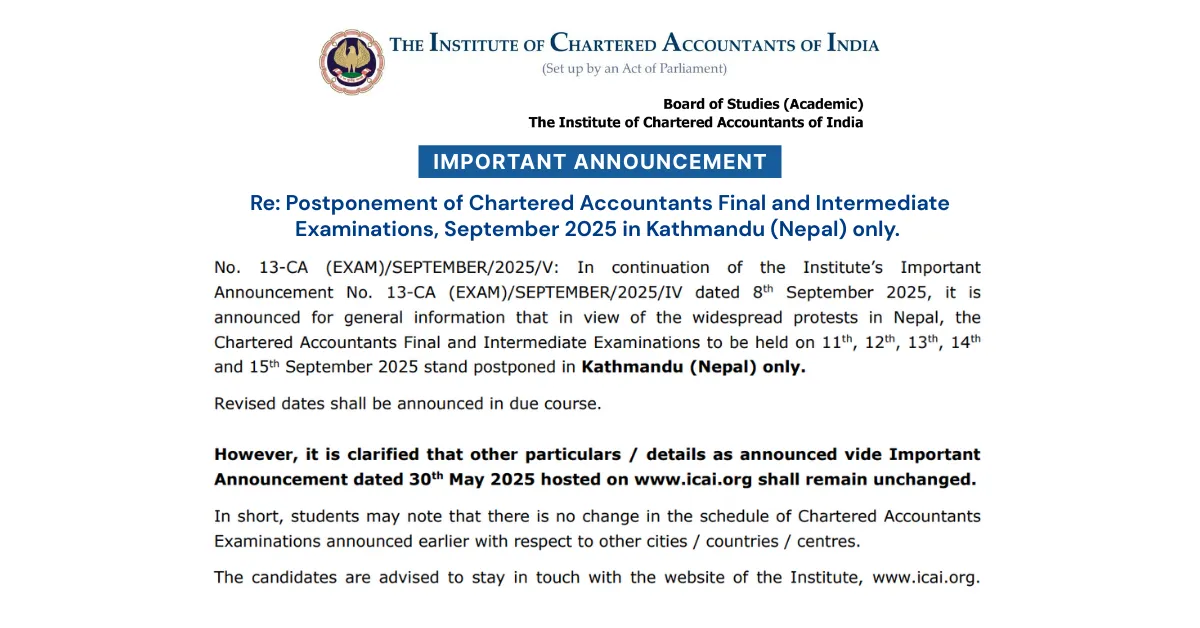 CA Exams Postpone in Kathmandu – ICAI Defers September Examinations Amid Nepal Unrest