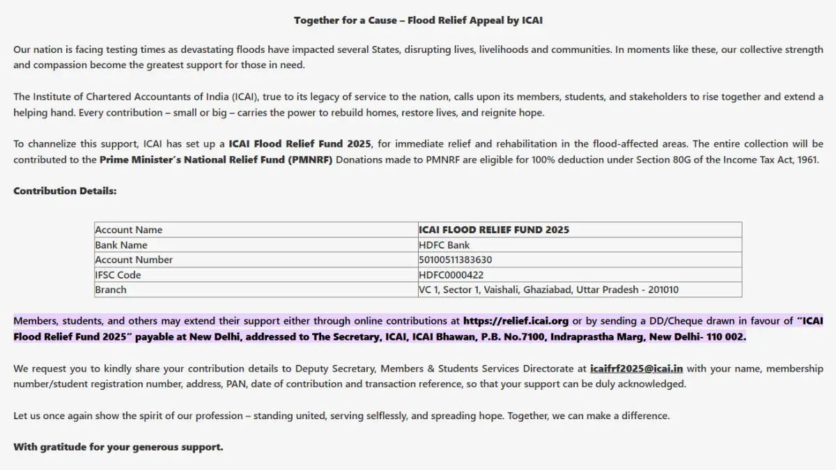 ICAI Flood Relief Fund Appeal Contribution Details