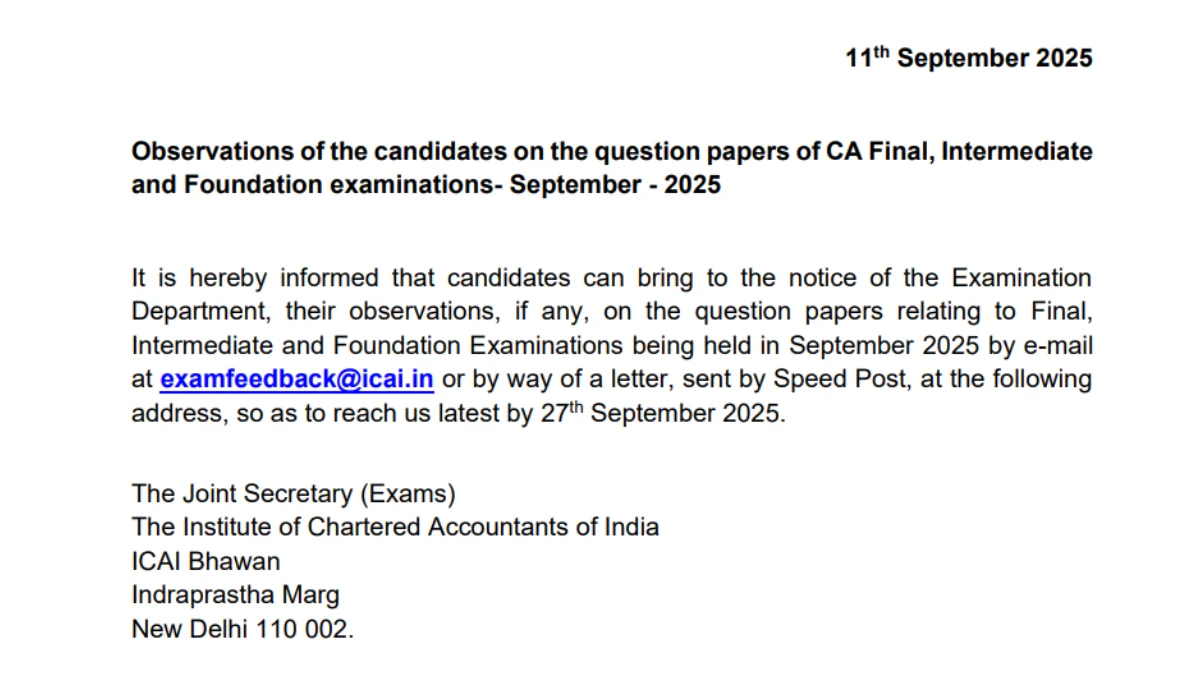 ICAI Exam Feedback September 2025 Official Notice