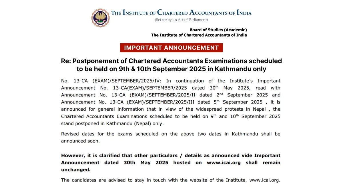 ICAI Exam Postponed in Kathmandu Notice