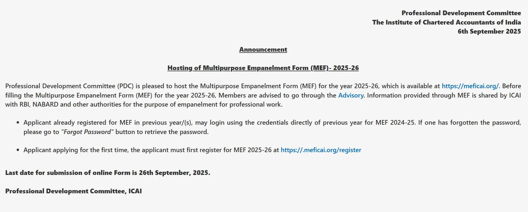 MEF Form 2025-26: ICAI Multipurpose Empanelment Form Notice