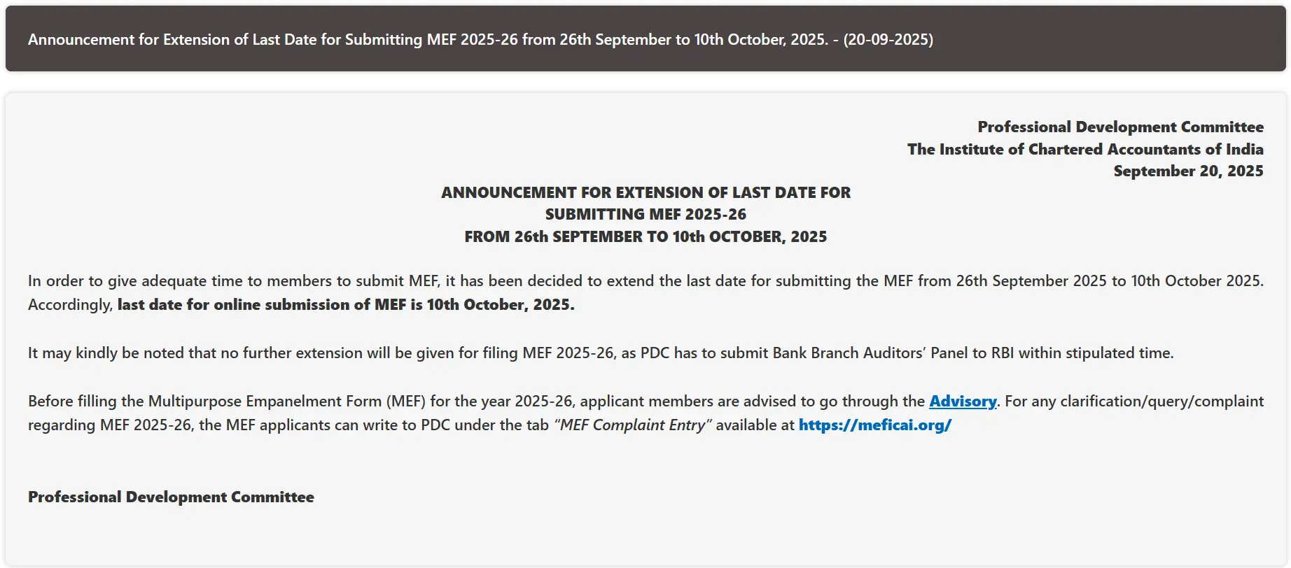 MEF Form Deadline Extended by ICAI to October 10, 2025 Official Notice