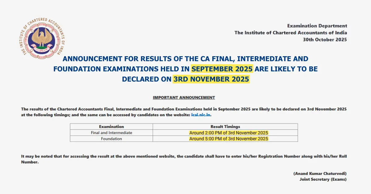 ICAI CA Inter Result September 2025 Date Out