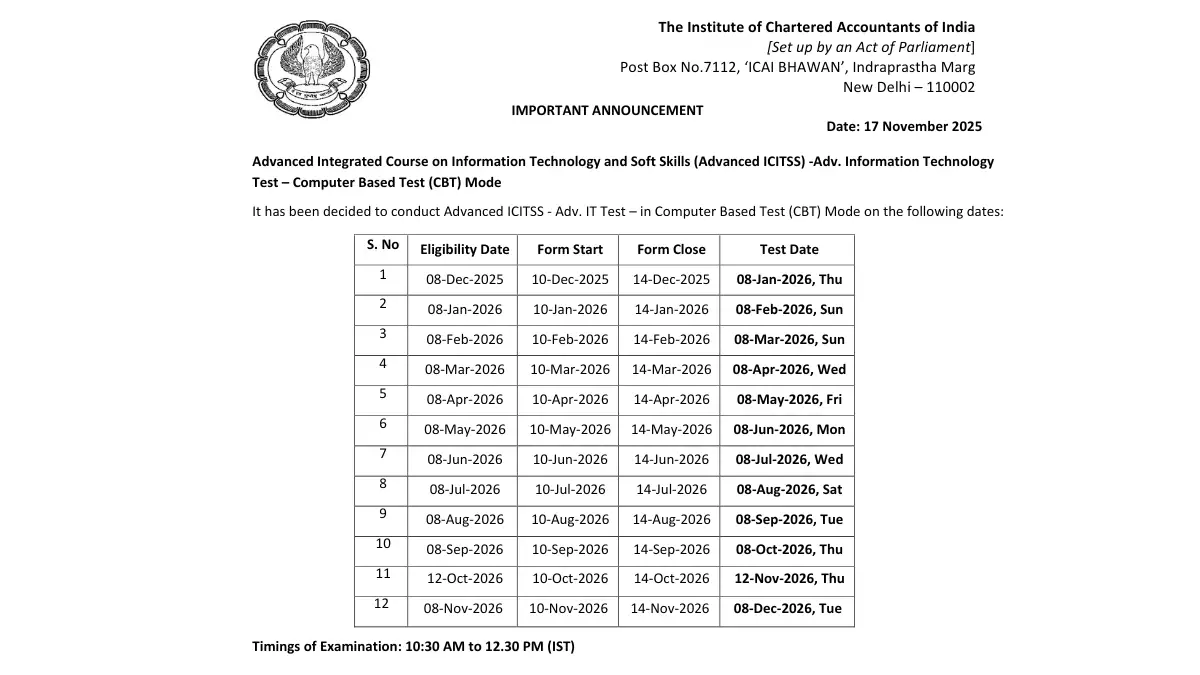 ICAI Advanced ICITSS Test 2026 Important Dates