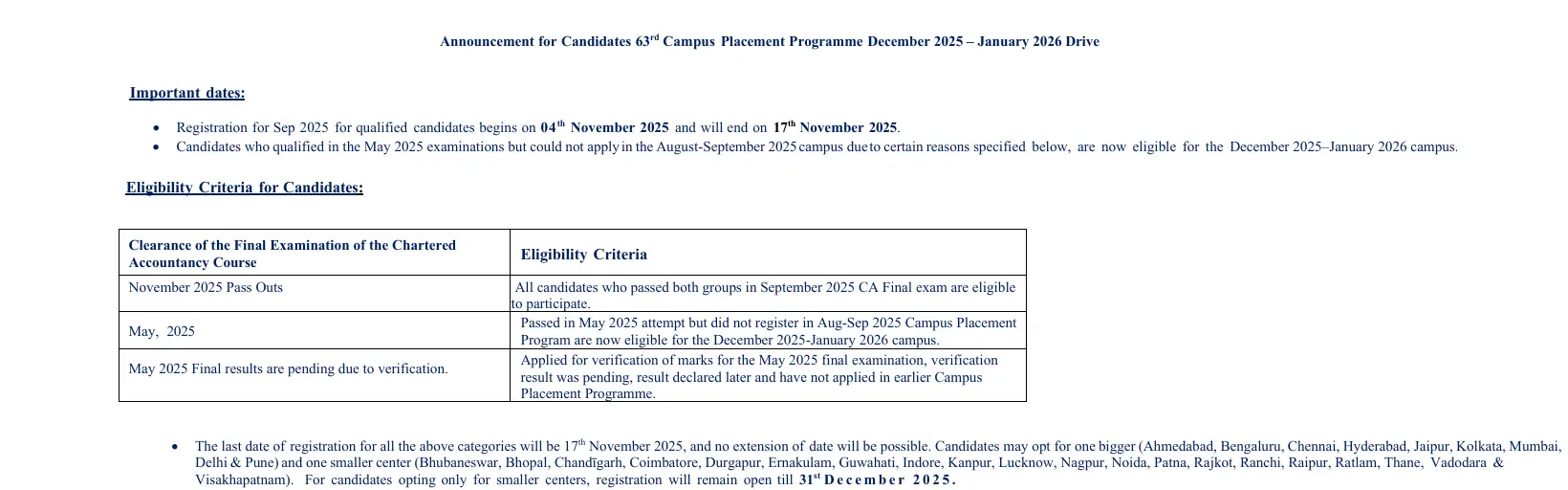 ICAI Campus Placement December 2025 – January 2026 Important Dates