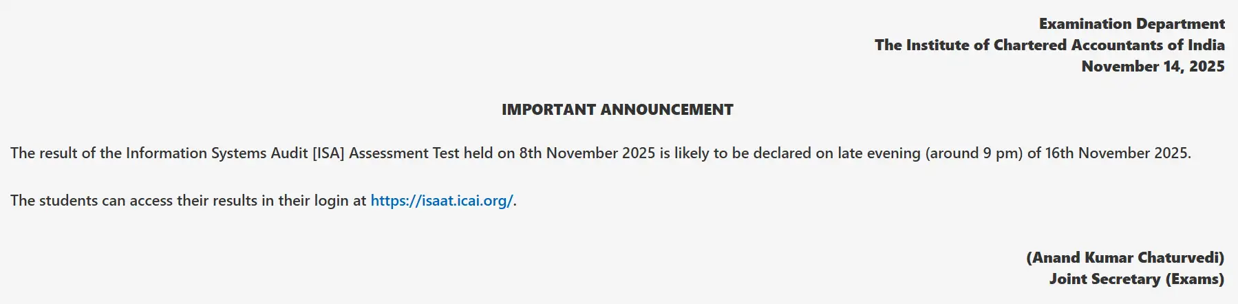 ICAI ISA (Information Systems Audit) Result Out on 16 November 2025