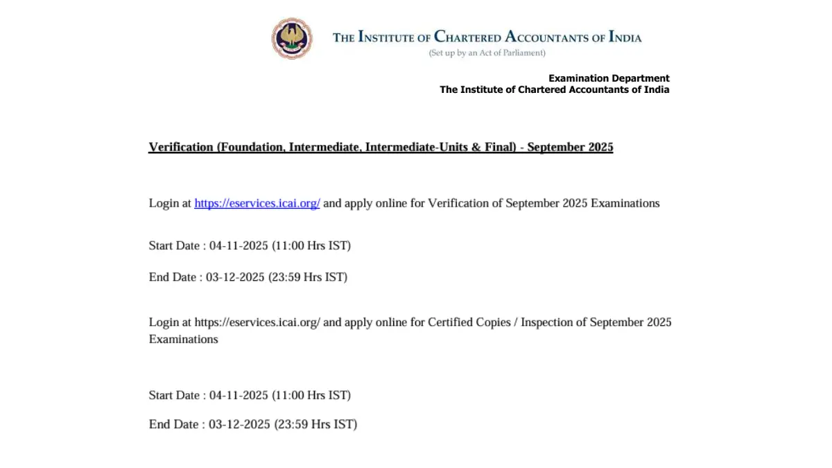 ICAI Verification Sept. 2025 and Certified Copies/Inspection Important Dates