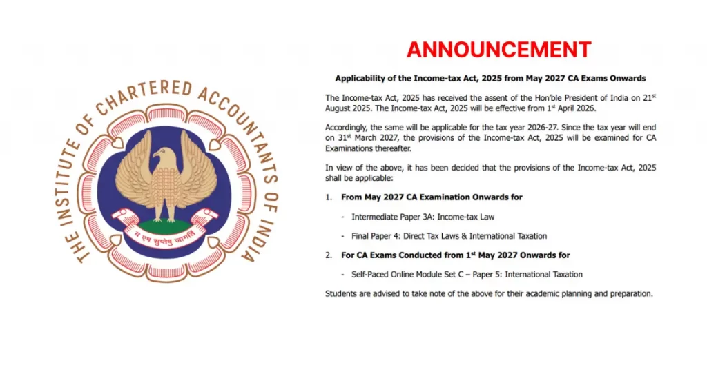 ICAI Confirms Applicability of the Income-tax Act, 2025 from May 2027 Exams