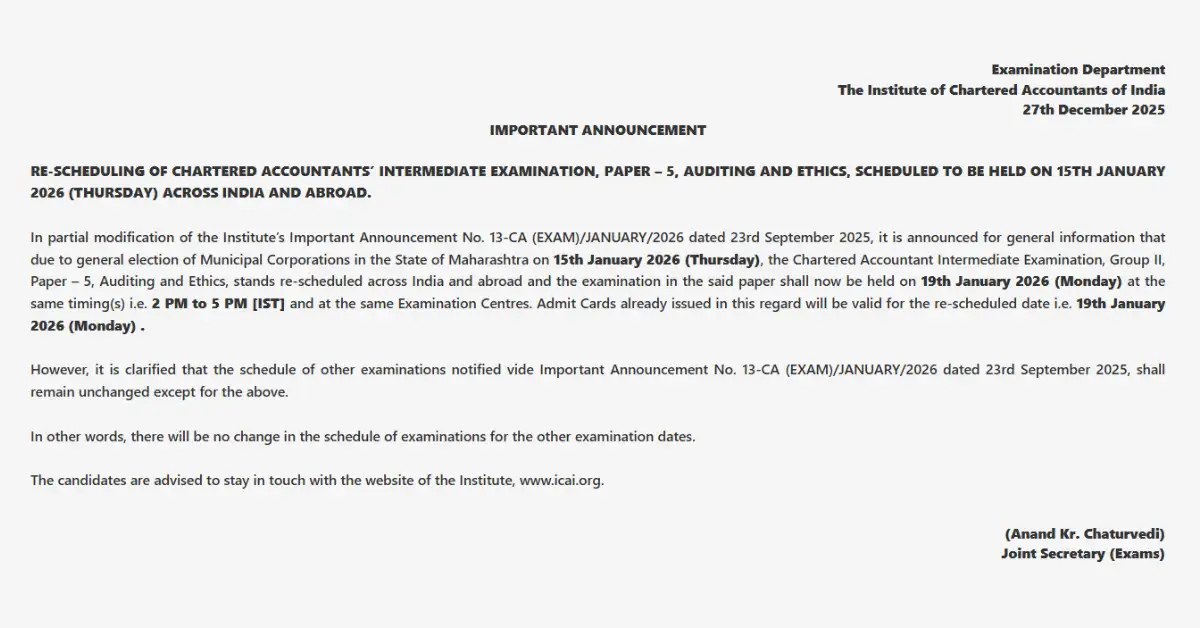 ICAI Reschedules CA Intermediate Paper-5 for Jan 2026 Attempt Due to Municipal Corporation Elections