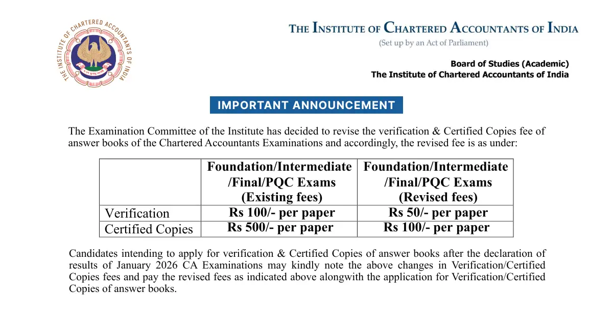 ICAI Revises Fees for ICAI Certified Copies & Verification of CA Exams