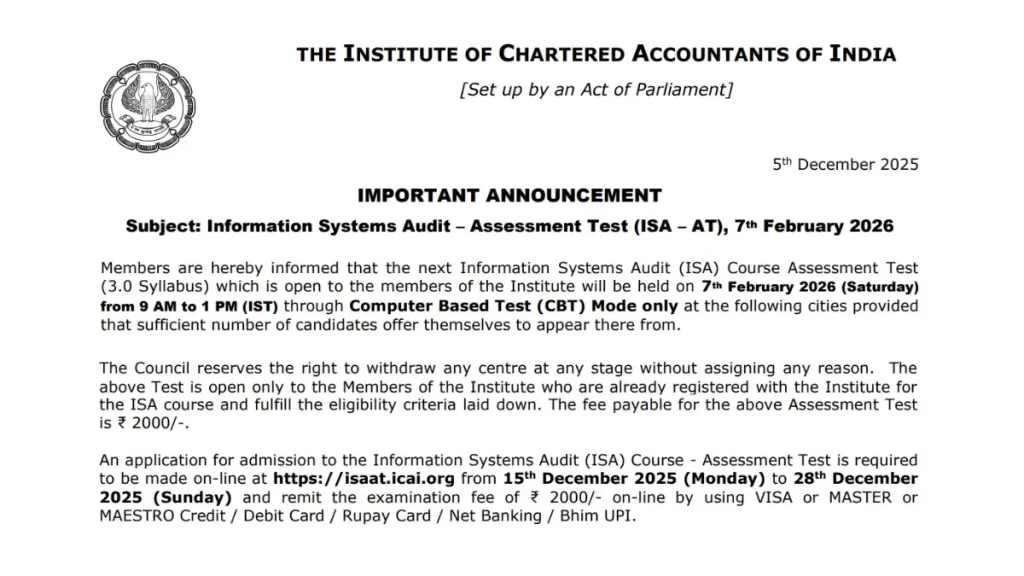 ISA Assessment Test February 2026 Schedule Announced by ICAI