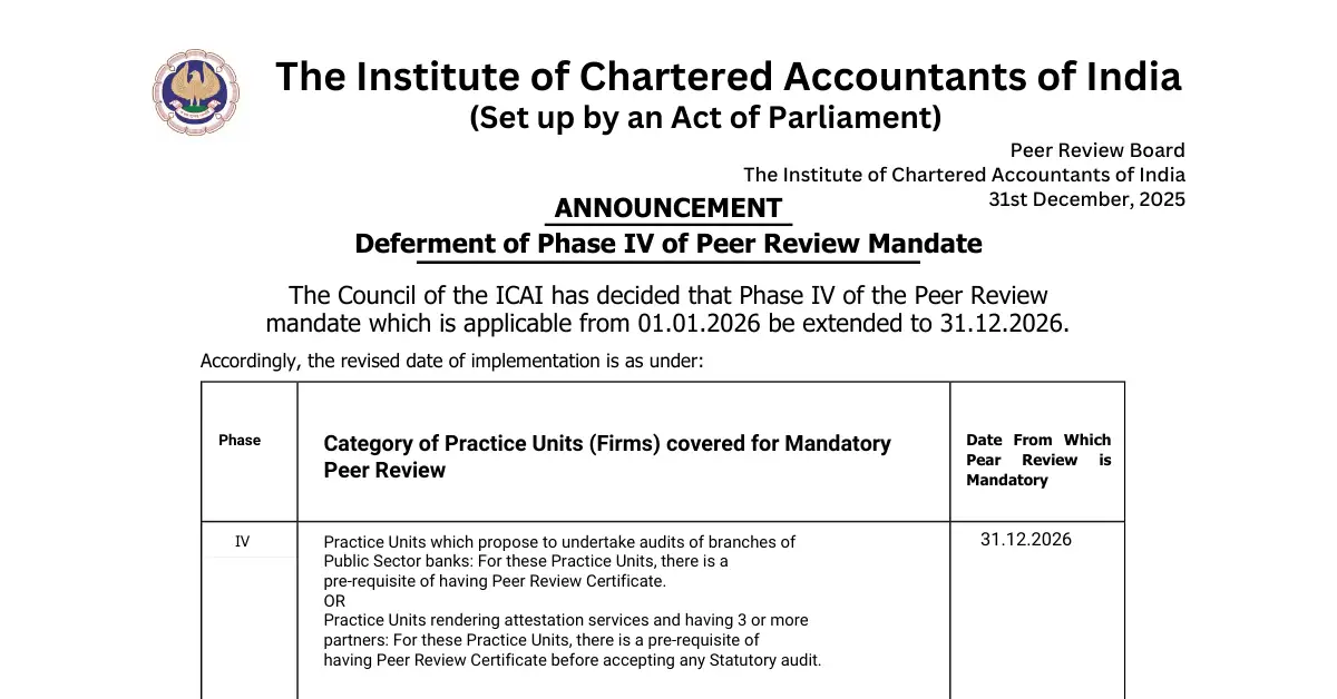 ICAI Extends Phase IV of Peer Review Mandate by One Year Official Announcement