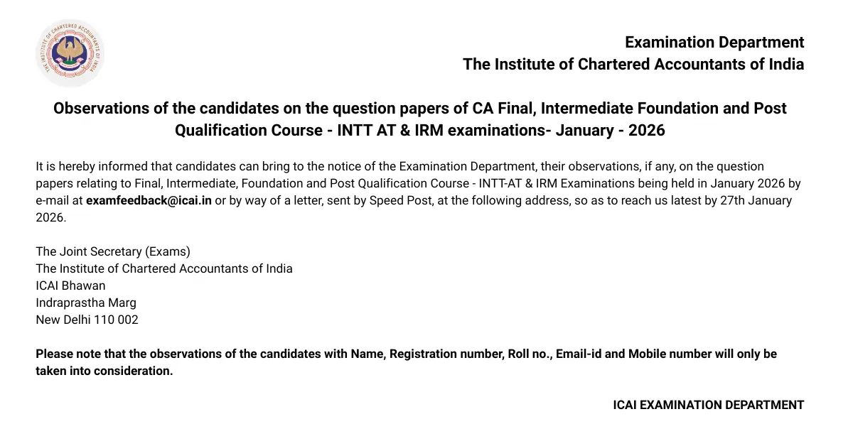 ICAI Invites Candidates Observations on CA Exam Question Paper