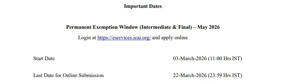 ICAI Releases Permanent Exemption Window Dates for May 2026