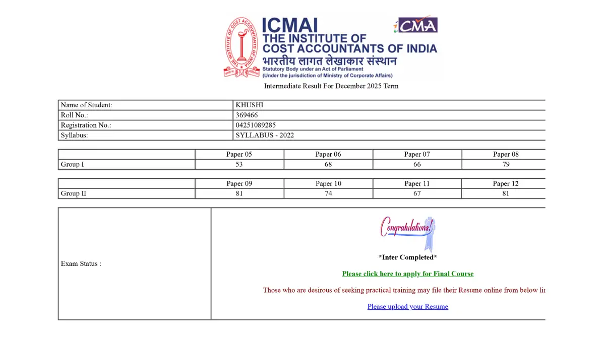 CMA Inter AIR 29 Dec 2025 Khushi Marksheet