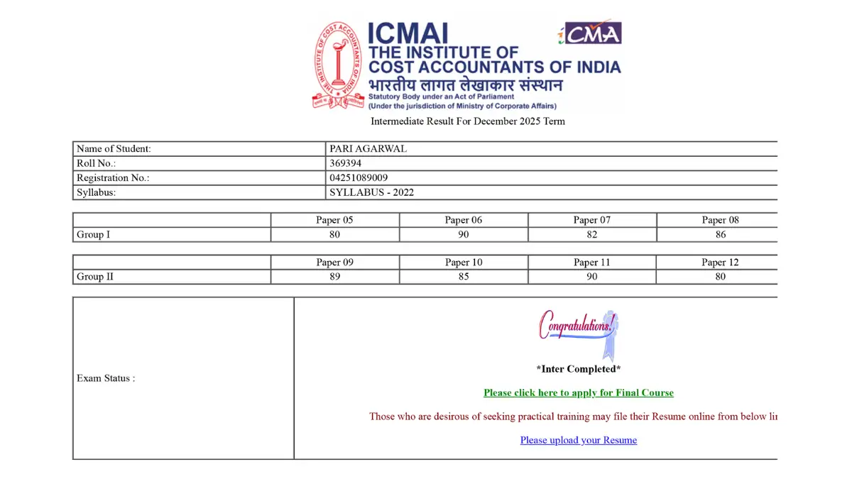 CMA Inter AIR 1 Dec 2025 Pari Agarwal Marksheet