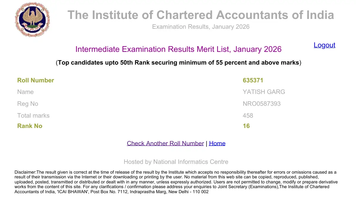 AIR 16 Yatish Garg CA Inter Jan 2026 Ranker Marksheet