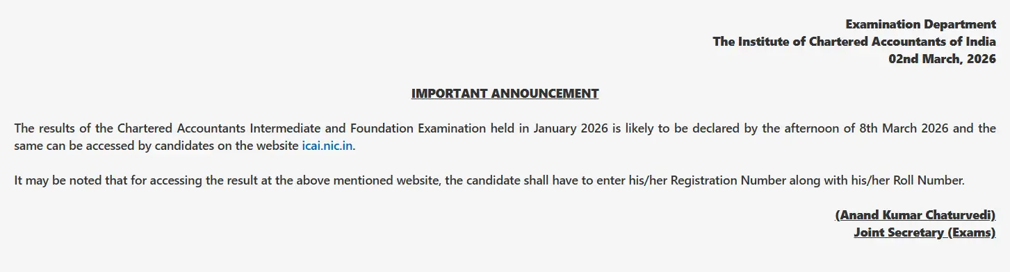 CA Foundation and Inter Result Date Jan 2026 Announced