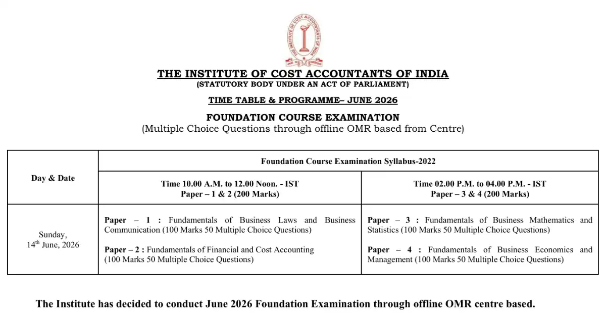 CMA Foundation June 2026 Exam Date Released by ICMAI