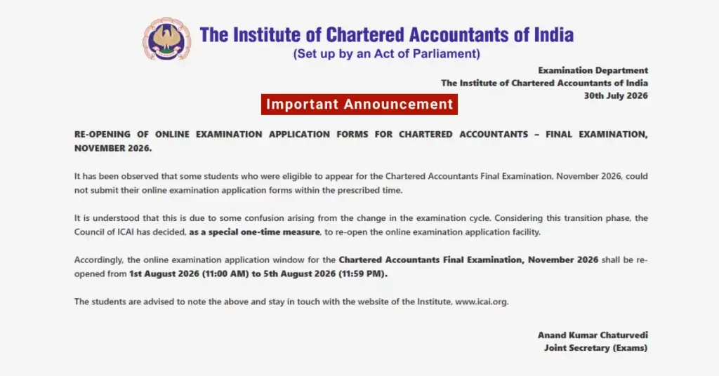CA Final Exam Form Nov 2026 Reopened - ICAI Official Announcement