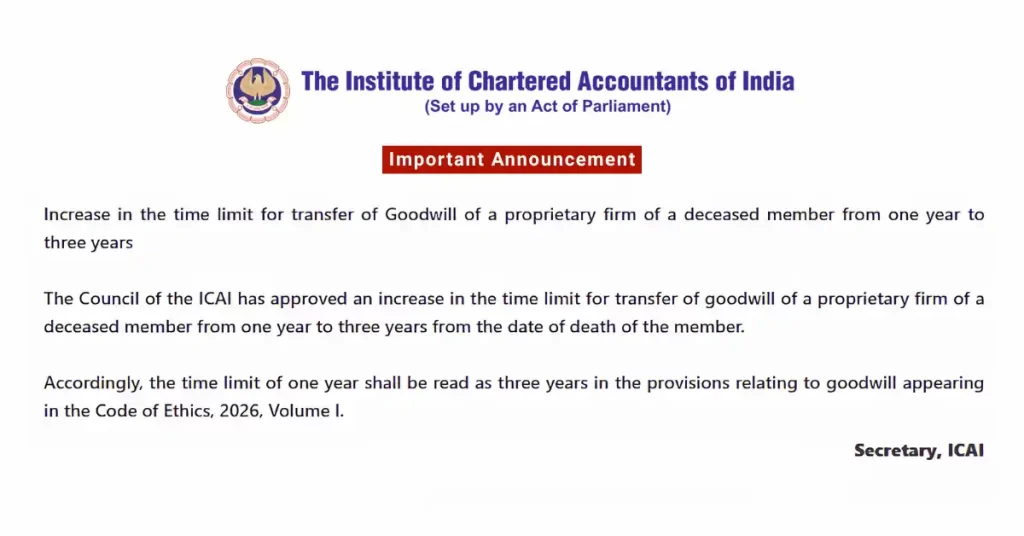 ICAI Extends Transfer of Goodwill Time Limit to 3 Years