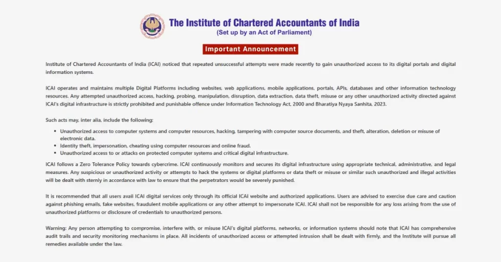 ICAI Issues Warning on Unauthorized Access to Digital Portal